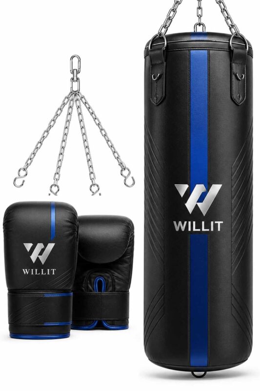 Willit 4ft 5ft 3-in-1 Black Blue Punch Bag with Mitts Set