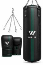 Willit 4ft 5ft 3-in-1 Black Green Punch Bag with Mitts Set
