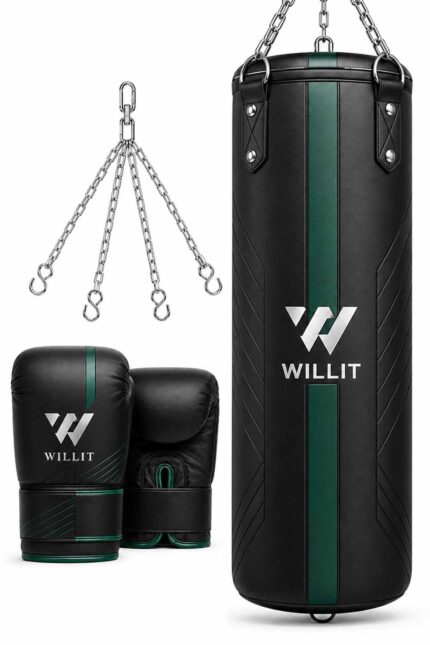 Willit 4ft 5ft 3-in-1 Black Green Punch Bag with Mitts Set