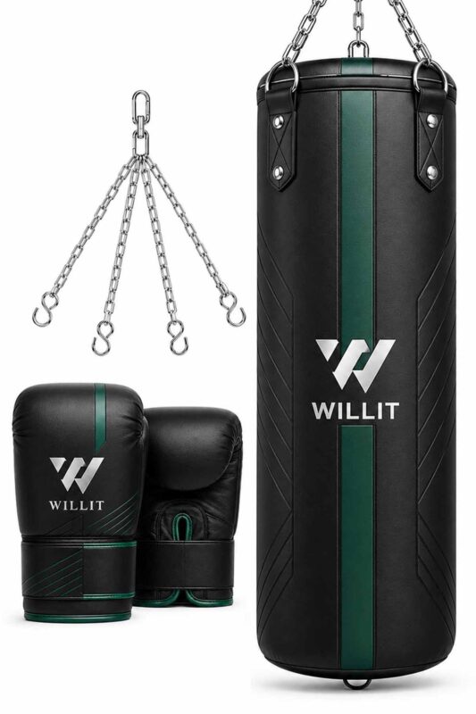 Willit 4ft 5ft 3-in-1 Black Green Punch Bag with Mitts Set