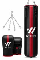 Willit 4ft 5ft 3-in-1 Red Black Punch Bag with Mitts Set