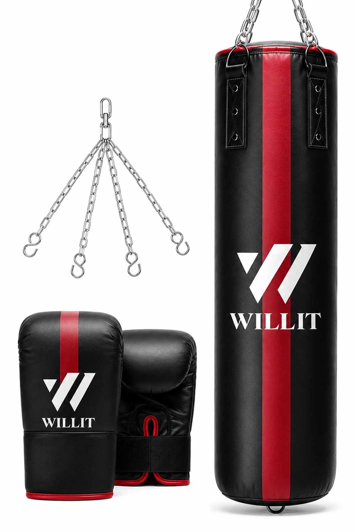 Willit 4ft 5ft 3-in-1 Red Black Punch Bag with Mitts Set (1) Willit 4ft 5ft 3-in-1 Red Black Punch Bag with Mitts Set